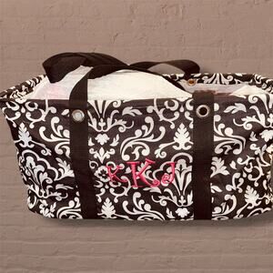 Thirty-One Large Utility Tote Bag Parisian Pop Black White Floral Monogram KKJ